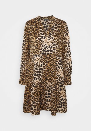 Leopard print dress with long sleeves, a V-neck, and a tiered skirt in shades of brown, beige, and black. Soft fabric, flowing design.