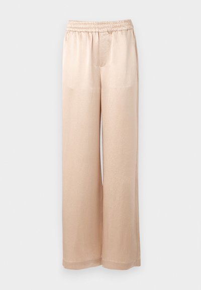Light beige wide-leg trousers made of smooth fabric with an elastic waistband and minimal seams, featuring a straight cut and no pockets.