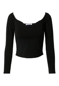 Schwarzes Langarmoberteil mit Rundhalsausschnitt und cropped Design, hergestellt aus einem glatten Stoff. Mit einem Etikett versehen, das "EDITED" zeigt.
