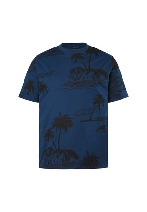 Mørkeblå T-shirt med korte ærmer med sort tropisk palme- og ø-tryk, rund hals og almindelig pasform.