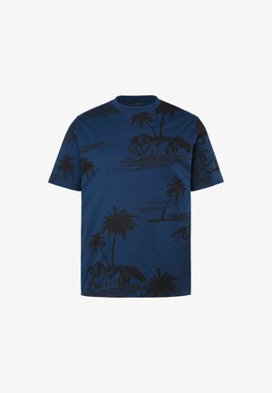 Granatowy T-shirt z krótkim rękawem z czarnym tropikalnym nadrukiem palmy i wyspy, z okrągłym dekoltem i regularnym krojem.