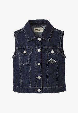 Gilet smanicato in denim blu scuro per bambini, con bottoni frontali, due tasche sul petto e colletto, etichettato "Roy Roger's Kidswear."