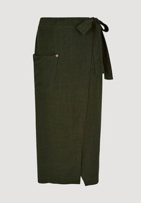 Grüne Leinenwickelröcke mit einer Seitentasche, knotenförmigem Taillendetail und gerader Silhouette. Glatte Textur und knie-lange Gestaltung.