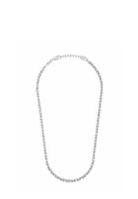 Collana in argento con maglie rettangolari intrecciate, caratterizzata da una finitura liscia e una chiusura sicura. Design minimalista con un aspetto elegante.