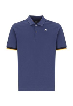 Polo shirt blu navy in cotone, con colletto classico, tre bottoni e strisce gialle e rosse in contrasto sui polsini delle maniche.