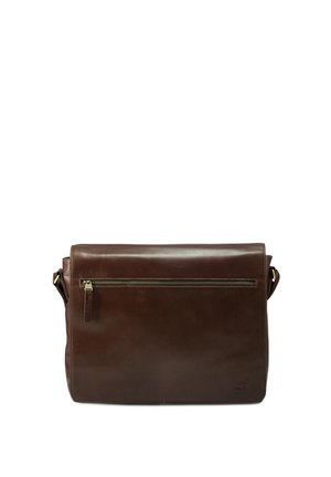 Sac messager en cuir marron avec texture lisse, poche zippée à l'avant et bandoulière réglable. Design minimaliste et logo en relief sur le côté.