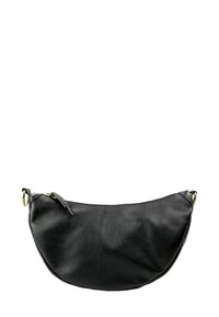 Zwarte leren hobo-tas met een structuurrijke afwerking, halfronde vorm, bovenste ritssluiting en metalen hardware accenten.