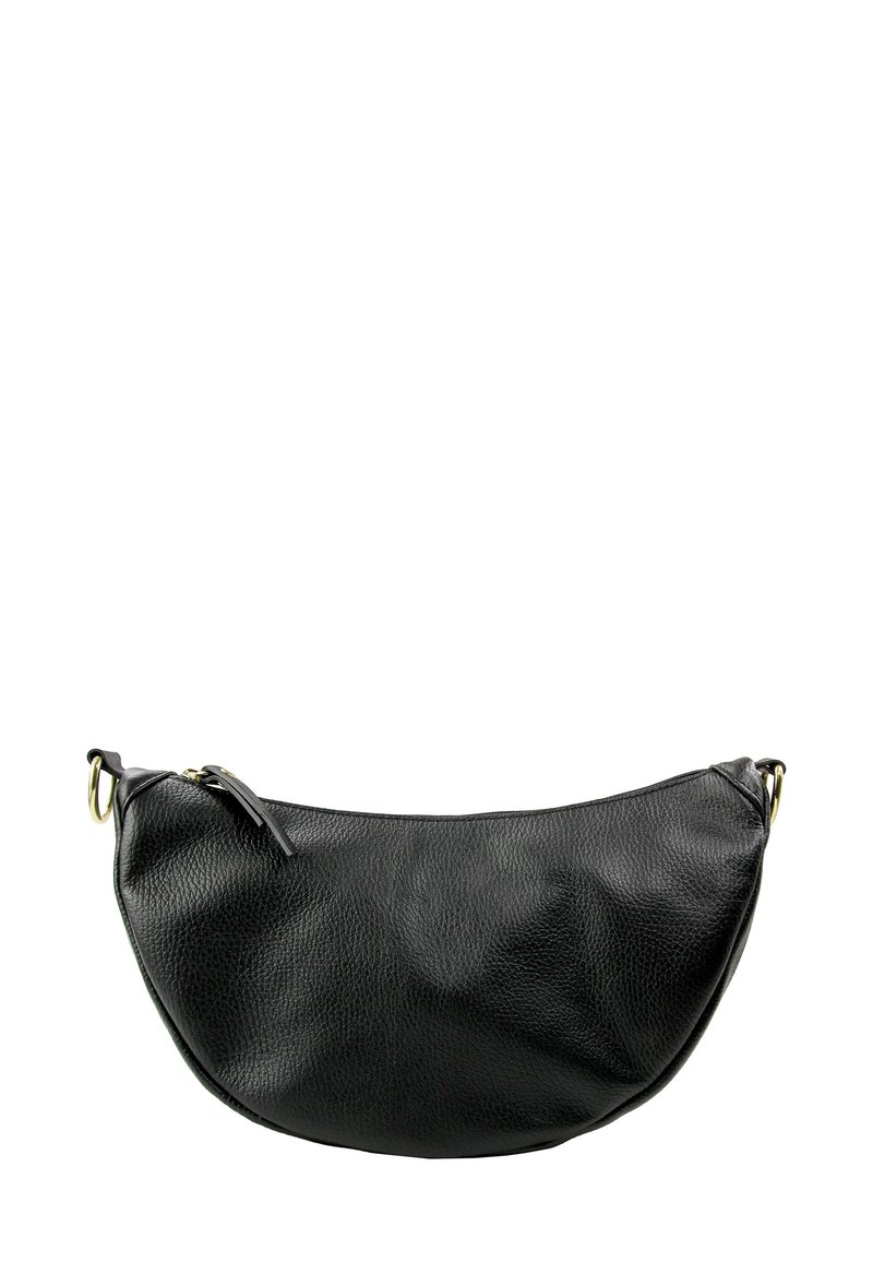 Zwarte leren hobo-tas met een structuurrijke afwerking, halfronde vorm, bovenste ritssluiting en metalen hardware accenten.