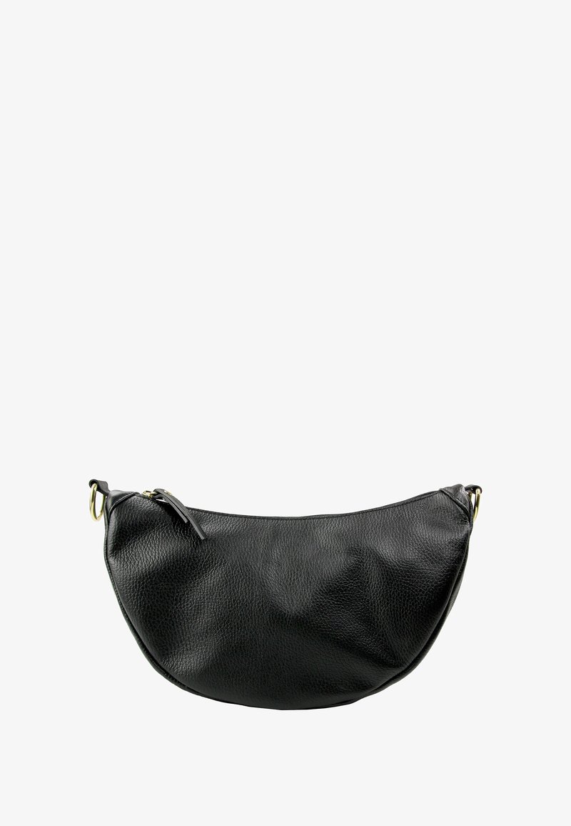 Zwarte leren hobo-tas met een structuurrijke afwerking, halfronde vorm, bovenste ritssluiting en metalen hardware accenten.