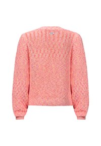 Rosa Strickpullover mit strukturiertem Muster, gerippten Bündchen und Rückenetikett. Das Material wirkt weich und leicht lockerer sitzend.