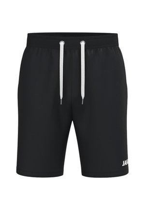 Schwarze Sportshorts mit Kordelzugbund und weißen Kordeln, mit einem kleinen weißen "JAKO" Logo am unteren linken Bein.