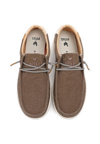 Brown canvas slip-on shoes with a round toe, grey laces, and a patterned orange lining. Features a rubber sole with speckles. Brand: PITAS.