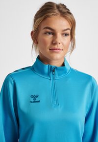 Lichtblauwe sporttop met lange mouwen, hoge kraag en korte rits. Voorzien van een logo op de borst en contrasterende zijstrepen. Gladde textuur.