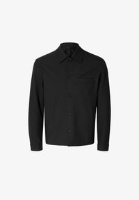 Chaqueta negra de botones, confeccionada en tejido suave, con cuello, mangas largas, un bolsillo en el pecho y dos bolsillos laterales para mayor funcionalidad.