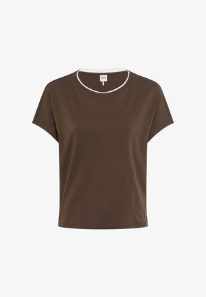 T-shirt marrone cropped a maniche corte con bordino bianco intorno allo scollo rotondo, davanti semplice e vestibilità comoda.