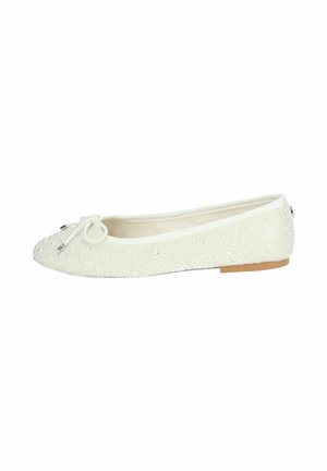 White ballerina flat with textured beaded upper, round toe, flexible sole, and bow detail at the front. Simple and elegant design.