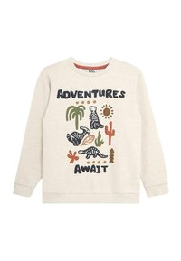 Sudadera de color beige claro con el texto "LAS AVENTURAS TE ESPERAN" e ilustraciones de dinosaurios, cactus y palmeras en varios colores.