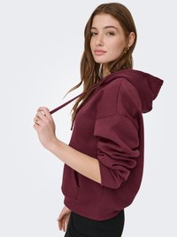 Sweat à capuche bordeaux avec cordon de serrage, coupe oversize, poignets et ourlet côtelés, et poche avant. Matière coton lisse, design décontracté.