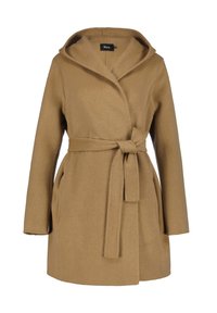 Brown wool blend coat with a hood, wrap design, tie belt, and side pockets. Soft texture with a smooth finish.