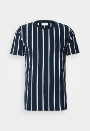Marinrandig t-shirt med vertikala vita ränder, rund halsringning, korta ärmar och avslappnad passform. Slät bomullstyg.