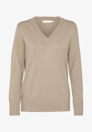 Beige kudumist sviiter V-kaelusega, ribaga ääris ja pikad varrukad. Sile tekstuur, sobiv disain ning peened detailid kaeluses.