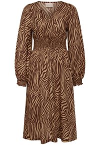 Rochie cu imprimeu zebra maro și bej, cu decolteu în V, talie smocks și mâneci lungi tip puff cu manșete elastice. Textură moale a materialului.