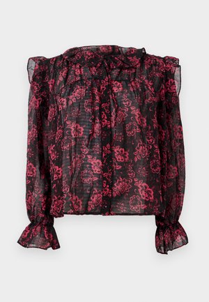 Black sheer blouse with red floral pattern, ruffled neckline, and long sleeves with elastic cuffs. Features button closure down the front.