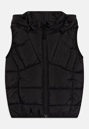 Schwarze Steppweste mit Reißverschluss vorne, hohem Kragen und ärmellosem Schnitt. Hergestellt aus glattem, gestepptem Stoff mit schnittigem Design.