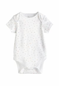 Body per neonati bianco con maniche corte, caratterizzato da un motivo di stelle grigie, pesco e argento. Realizzato in morbido cotone con chiusure a snap nella parte inferiore.