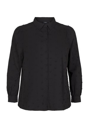 Czarna koszula z guzikami, wykonana z lekkiego materiału, z teksturowanym wzorem małych serc, długim rękawem i klasycznym kołnierzykiem.