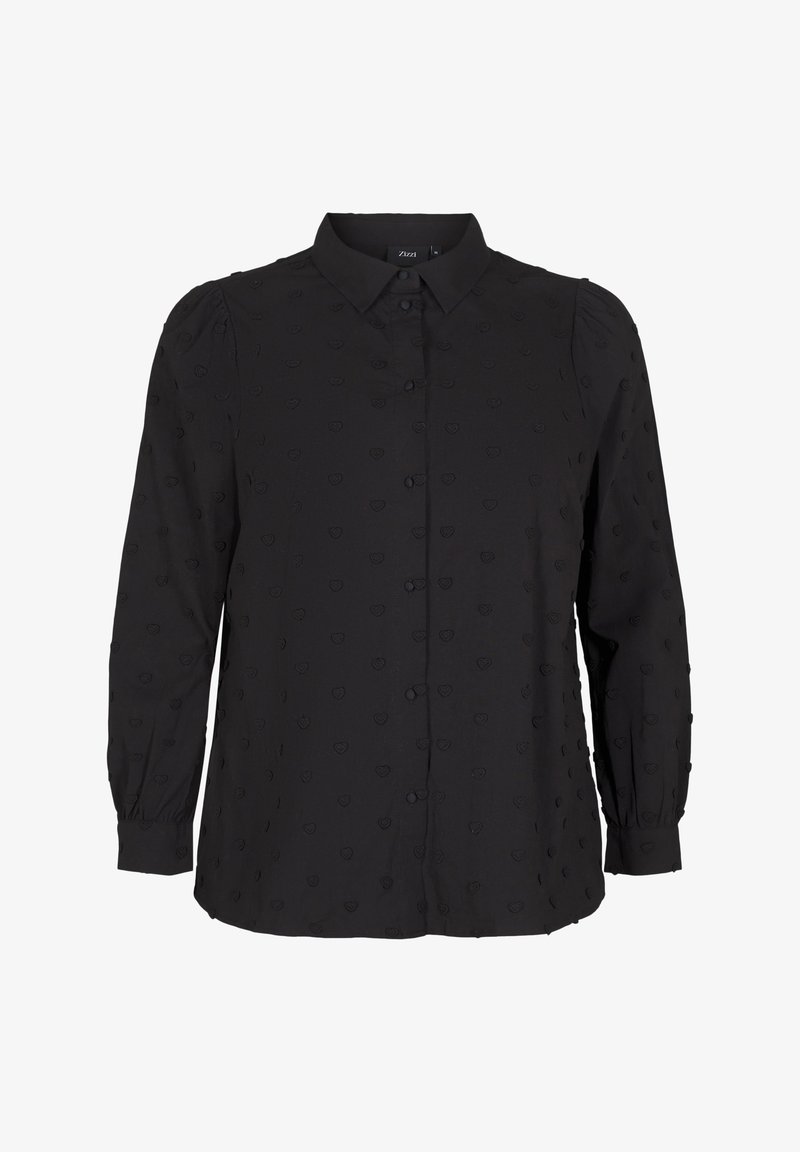 Black button-up shirt made of lightweight fabric, featuring a textured pattern of small hearts, long sleeves, and a classic collar.
