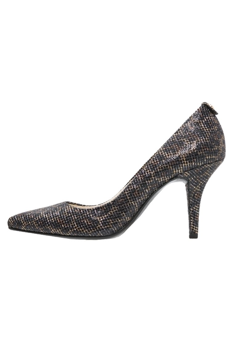 Chaussure à talon aiguille à bout pointu en matériau texturé noir et doré. Présente un talon stiletto fin et une silhouette épurée.