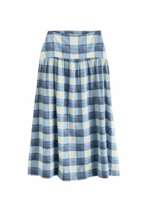 Modro-biela kockovaná áčková sukňa so zhromaždeným pásom a dĺžkou po kolená na bielom pozadí.