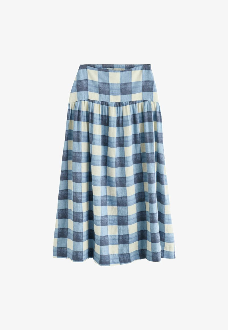 Jupe trapèze à carreaux bleu et blanc avec taille froncée et ourlet longueur genou sur fond blanc.