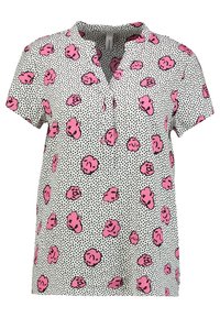 Camicia a maniche corte in tessuto bianco con pois neri e faccine sorridenti rosa. Design senza colletto e vestibilità rilassata.