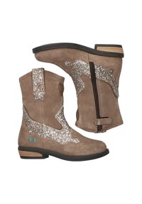 Botas de tobillo de ante marrón con diseños brillantes de estrellas y olas plateadas, cremallera lateral y un pequeño tacón apilado.