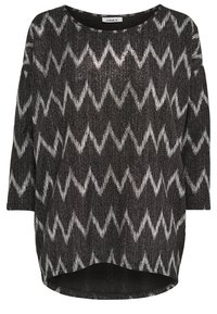 Schwarzer und silberner gemusterter Pullover mit Zickzackdesign, locker geschnitten, mit Dreiviertelärmeln und rundem Halsausschnitt.