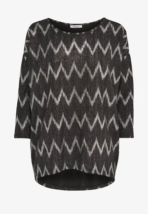 Musta ja hopea kuviollinen villapaita, jossa on sahalaitakuvio, löysä istuvuus, kolmannelta neljännekseltä hihat ja pyöreä kaulus.