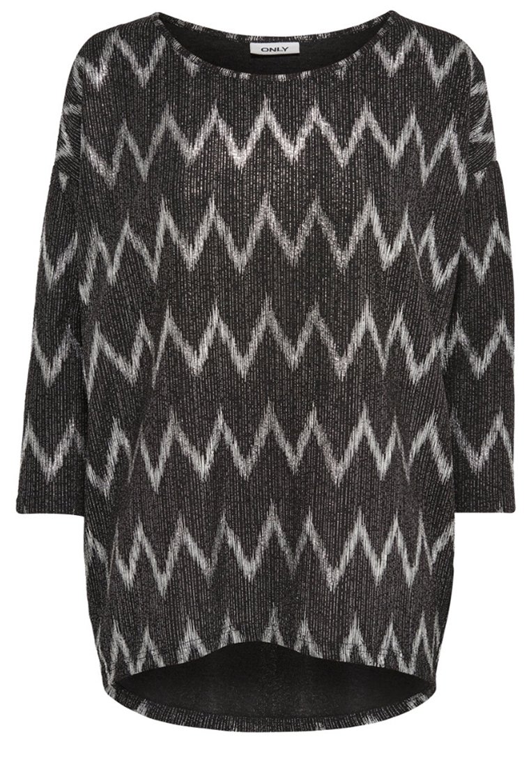 Schwarzer und silberner gemusterter Pullover mit Zickzackdesign, locker geschnitten, mit Dreiviertelärmeln und rundem Halsausschnitt.