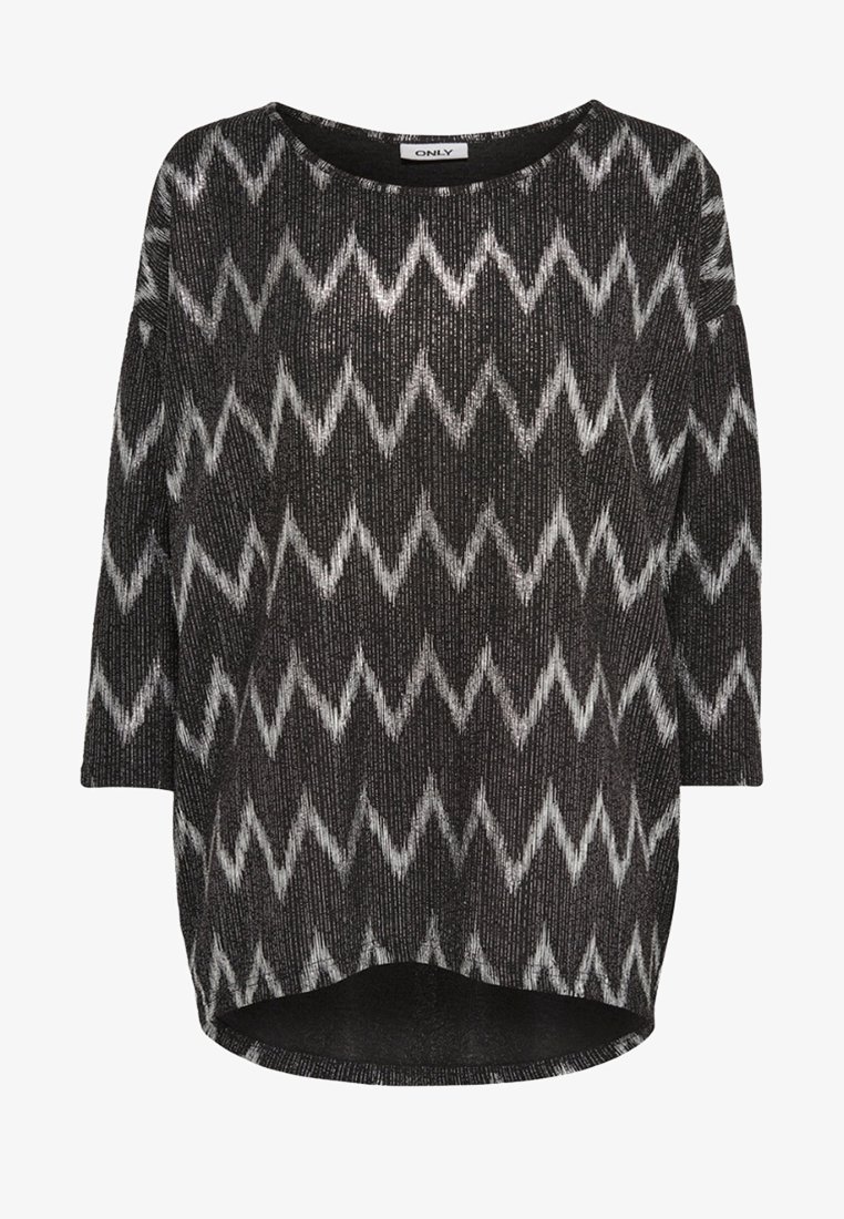 Schwarzer und silberner gemusterter Pullover mit Zickzackdesign, locker geschnitten, mit Dreiviertelärmeln und rundem Halsausschnitt.