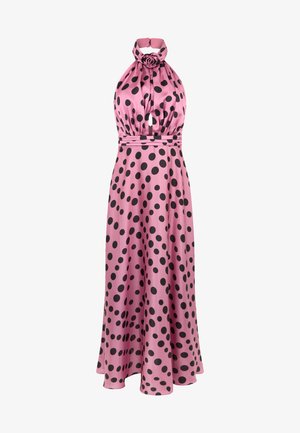 Abito rosa senza maniche a collo allacciato con pois neri, apertura a goccia sul davanti, vita stretta e dettaglio floreale sulla fascia del collo.