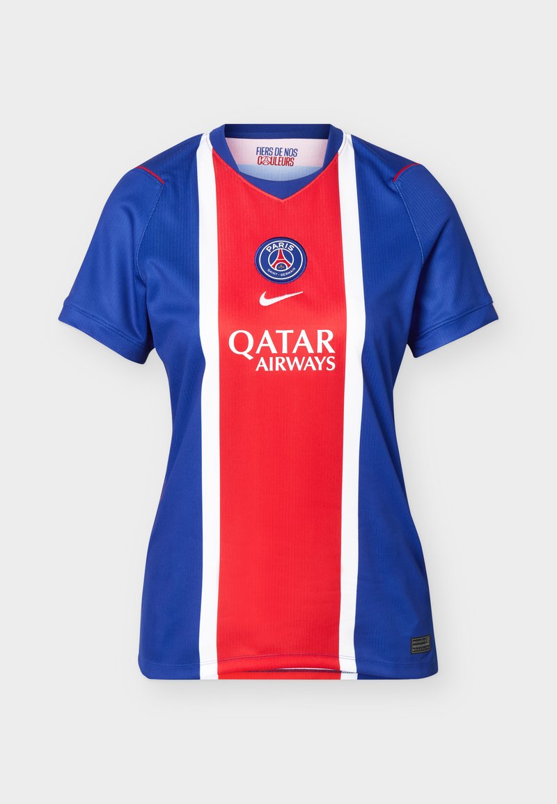 Maillot de football bleu avec une bande rouge centrale bordée de blanc, logo du Paris Saint-Germain, swoosh Nike et nom du sponsor Qatar Airways.