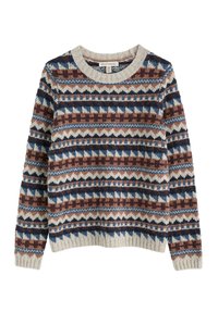Nertinis megztinis ilgu rankovėmis su apvalia iškirpte, bežinės, mėlynos ir rudos spalvų geometriniais bei zigzagais raštais.