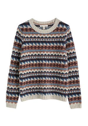Gehaakte trui met lange mouwen en ronde hals in beige, blauw en bruine geometrische en zigzagpatronen.