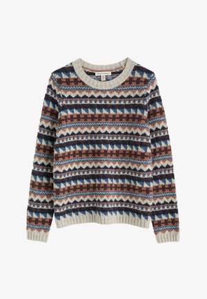 Beige, kék és barna geometriai és cikcakk mintákkal díszített, kötött, hosszú ujjú pulóver kerek nyakkal.