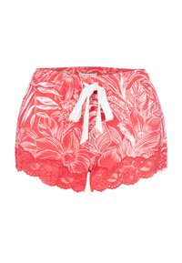 Röda blommiga shorts med vit knytmidja, med detaljerad spetskant nertill och ett lätt och luftigt tyg.