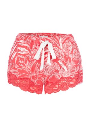 Red floral shorts with a white tie waist, featuring intricate lace trim at the hem and a lightweight, breathable fabric.