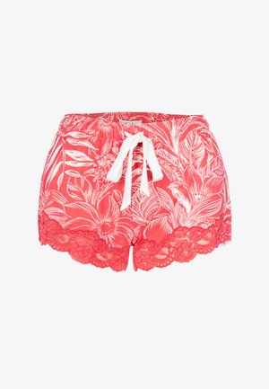 Pantaloni corti rossi floreali con vita regolabile bianca, caratterizzati da un delicato pizzo lungo l'orlo e un tessuto leggero e traspirante.