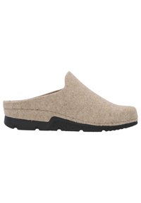 Beige felt slip-on shoe with a black rubber sole, featuring a rounded toe and backless design. Textured upper adds visual interest.
