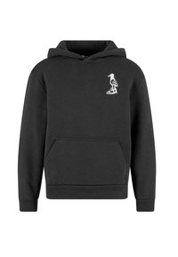 Sudadera negra de mezcla de algodón. Presenta un bolsillo canguro en la parte delantera, puños acanalados y un gráfico blanco de un pájaro con zapatillas en el pecho.